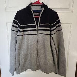 Eddie Bauer Cotton Full Zip Mockneck Cardigan Sweater '13 Grey/Navy Mens LG  EUC